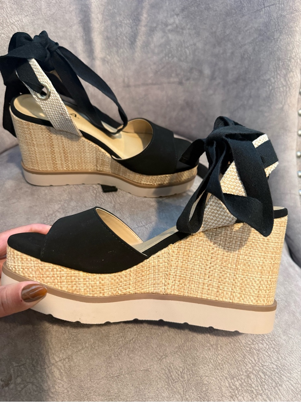 Soda Black Ribbon Tie Wedge Espadrilles